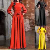 Women's Regular Dress British Style Round Neck Printing Long Sleeve Solid Color Maxi Long Dress Daily sku image 1