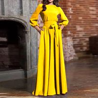Women's Regular Dress British Style Round Neck Printing Long Sleeve Solid Color Maxi Long Dress Daily sku image 5