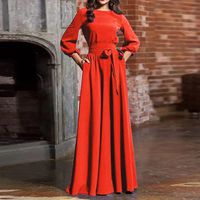Women's Regular Dress British Style Round Neck Printing Long Sleeve Solid Color Maxi Long Dress Daily sku image 11