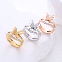 304 Stainless Steel 18K Gold Plated Rose Gold Plated Simple Style Plating Inlay Butterfly Artificial Rhinestones Rings main image 4