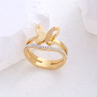 304 Stainless Steel 18K Gold Plated Rose Gold Plated Simple Style Plating Inlay Butterfly Artificial Rhinestones Rings sku image 6