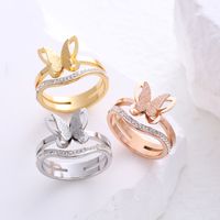 304 Stainless Steel 18K Gold Plated Rose Gold Plated Simple Style Plating Inlay Butterfly Artificial Rhinestones Rings main image 5