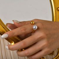 304 Stainless Steel 18K Gold Plated Vacation Plating Inlay Round Artificial Pearls Open Ring main image 1