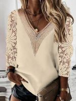 Women's Nine Points Sleeve Blouses Patchwork Hollow Out Elegant Solid Color main image 5