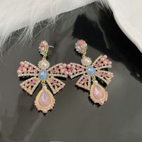 Fairy Style Elegant Water Droplets Bow Knot Alloy Inlay Artificial Rhinestones Artificial Pearls Women's Drop Earrings main image 5