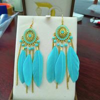 Vintage Oval Compass Oil Drops Long Feather Chain Tassel Rice Beads Earrings sku image 3