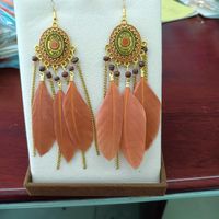 Vintage Oval Compass Oil Drops Long Feather Chain Tassel Rice Beads Earrings sku image 9