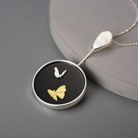 Wholesale Chinoiserie Elegant Water Droplets Butterfly Sterling Silver Inlay Agate Shell Pendant Necklace main image 1