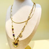 304 Stainless Steel Gravel Gold Plated Casual Layered Enamel Plating Heart Shape Flower Natural Stone Zircon Layered Necklaces main image 4