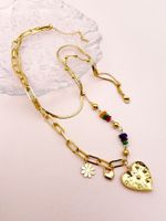 304 Stainless Steel Gravel Gold Plated Casual Layered Enamel Plating Heart Shape Flower Natural Stone Zircon Layered Necklaces main image 3