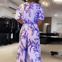 Women's A-line Skirt Elegant V Neck Printing Half Sleeve Flower Maxi Long Dress Daily main image 2
