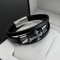 Retro Cross Stainless Steel Pu Leather Patchwork Artificial Leather Men'S Bangle main image 4