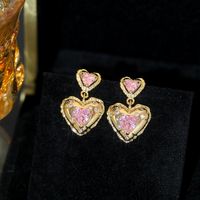 1 Pair Sweet Simple Style Heart Shape Plating Inlay Copper Rhinestones Drop Earrings main image 5
