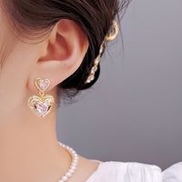 1 Pair Sweet Simple Style Heart Shape Plating Inlay Copper Rhinestones Drop Earrings main image 4