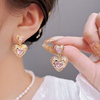 1 Pair Sweet Simple Style Heart Shape Plating Inlay Copper Rhinestones Drop Earrings main image 1