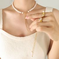 Elegant Baroque Style Round Freshwater Pearl Titanium Steel Beaded Plating 18k Gold Plated Sweater Chain main image 7