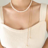 Elegant Baroque Style Round Freshwater Pearl Titanium Steel Beaded Plating 18k Gold Plated Sweater Chain sku image 1