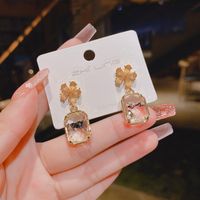 1 Pair Sweet Square Flower Inlay Alloy Artificial Crystal Drop Earrings main image 4