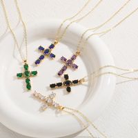 Luxurious Classic Style Cross Copper Plating Inlay Zircon 14k Gold Plated Pendant Necklace main image 6