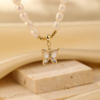 Elegant Flower Butterfly Fish Tail Freshwater Pearl Copper Beaded Zircon 14k Gold Plated Necklace main image 4