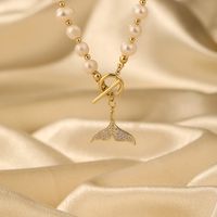 Elegant Flower Butterfly Fish Tail Freshwater Pearl Copper Beaded Zircon 14k Gold Plated Necklace main image 5