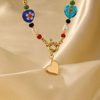 Vacation Heart Shape Freshwater Pearl Glass Copper Beaded Flowers 14k Gold Plated Pendant Necklace main image 4
