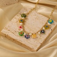 Vacation Heart Shape Freshwater Pearl Glass Copper Beaded Flowers 14k Gold Plated Pendant Necklace main image 3