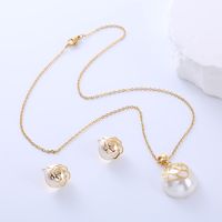 304 Stainless Steel 18K Gold Plated Elegant Lady Simple Style Plating Inlay Geometric Pearl Earrings Necklace main image 5