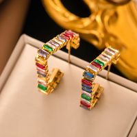 1 Pair IG Style C Shape Triangle Square Inlay 304 Stainless Steel Artificial Rhinestones 18K Gold Plated Ear Studs main image 5