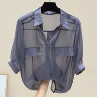 Women's Chiffon Shirt Short Sleeve Blouses Fake Pockets Front Button Casual Simple Style Simple Solid Color main image 8