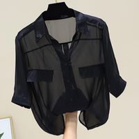 Women's Chiffon Shirt Short Sleeve Blouses Fake Pockets Front Button Casual Simple Style Simple Solid Color sku image 1