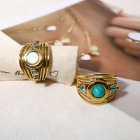 Ig Style Retro Round Stainless Steel 18k Gold Plated Natural Stone Crystal Open Rings In Bulk main image 1