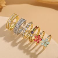Simple Style Classic Style Round Flower Copper Asymmetrical Plating Inlay Zircon 14k Gold Plated Open Rings main image 1