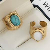 Retro Oval Stainless Steel Turquoise Wide Band Rings In Bulk main image 5