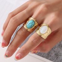 Retro Oval Stainless Steel Turquoise Wide Band Rings In Bulk main image 1