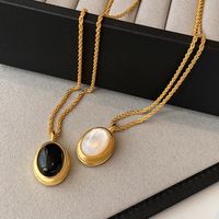 304 Stainless Steel 18K Gold Plated Retro Inlay Round Stone Pendant Necklace main image 2