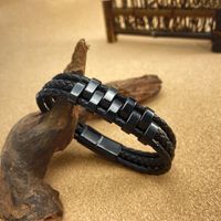 Hip-Hop Vintage Style Solid Color Stainless Steel Pu Leather Braid Artificial Leather Men'S Bangle main image 4