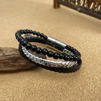 Vintage Style Cool Style Solid Color 304 Stainless Steel Pu Leather Beaded Layered Braid Artificial Leather Men'S Bangle main image 5