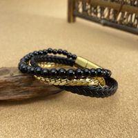 Vintage Style Cool Style Solid Color 304 Stainless Steel Pu Leather Beaded Layered Braid Artificial Leather Men'S Bangle main image 4