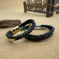 Vintage Style Cool Style Solid Color 304 Stainless Steel Pu Leather Beaded Layered Braid Artificial Leather Men'S Bangle main image 1