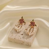 1 Pair Classical French Style Pastoral Flower Beaded Enamel Plating Freshwater Pearl Copper 18k Gold Plated Drop Earrings main image 5