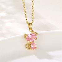 Stainless Steel 18K Gold Plated Sweet Plating Inlay Cat Artificial Diamond Pendant Necklace sku image 2