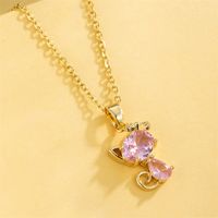 Stainless Steel 18K Gold Plated Sweet Plating Inlay Cat Artificial Diamond Pendant Necklace main image 7