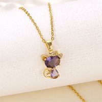 Stainless Steel 18K Gold Plated Sweet Plating Inlay Cat Artificial Diamond Pendant Necklace main image 5