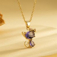 Stainless Steel 18K Gold Plated Sweet Plating Inlay Cat Artificial Diamond Pendant Necklace sku image 1