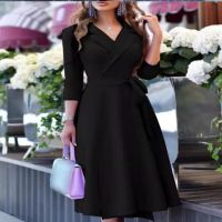 Women's Regular Dress Casual Elegant V Neck Printing Belt 3/4 Length Sleeve Solid Color Flower Midi Dress Weekend Daily main image 5