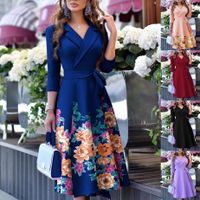 Women's Regular Dress Casual Elegant V Neck Printing Belt 3/4 Length Sleeve Solid Color Flower Midi Dress Weekend Daily main image 7