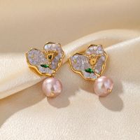 1 Pair Glam Luxurious Commute Heart Shape Flower Epoxy Plating Inlay Imitation Pearl Copper Artificial Crystal 18k Gold Plated Earrings main image 7