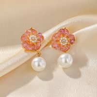 1 Pair Glam Luxurious Commute Heart Shape Flower Epoxy Plating Inlay Imitation Pearl Copper Artificial Crystal 18k Gold Plated Earrings main image 6