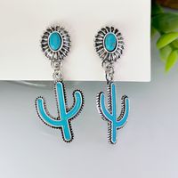 1 Pair Vintage Style Ethnic Style Bohemian Cactus Enamel Plating Inlay Metal Turquoise Silver Plated Drop Earrings main image 3